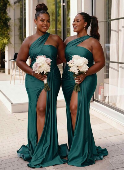 Trumpet/Mermaid One-Shoulder Sweep Train Stretch Satin Knit Bridesmaid Dresses With High Split