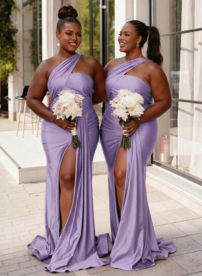 Trumpet/Mermaid One-Shoulder Sweep Train Stretch Satin Knit Bridesmaid Dresses With High Split