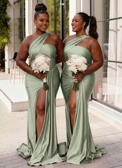 Trumpet/Mermaid One-Shoulder Sweep Train Stretch Satin Knit Bridesmaid Dresses With High Split