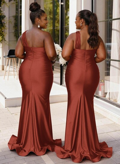 Trumpet/Mermaid One-Shoulder Sweep Train Stretch Satin Knit Bridesmaid Dresses With High Split