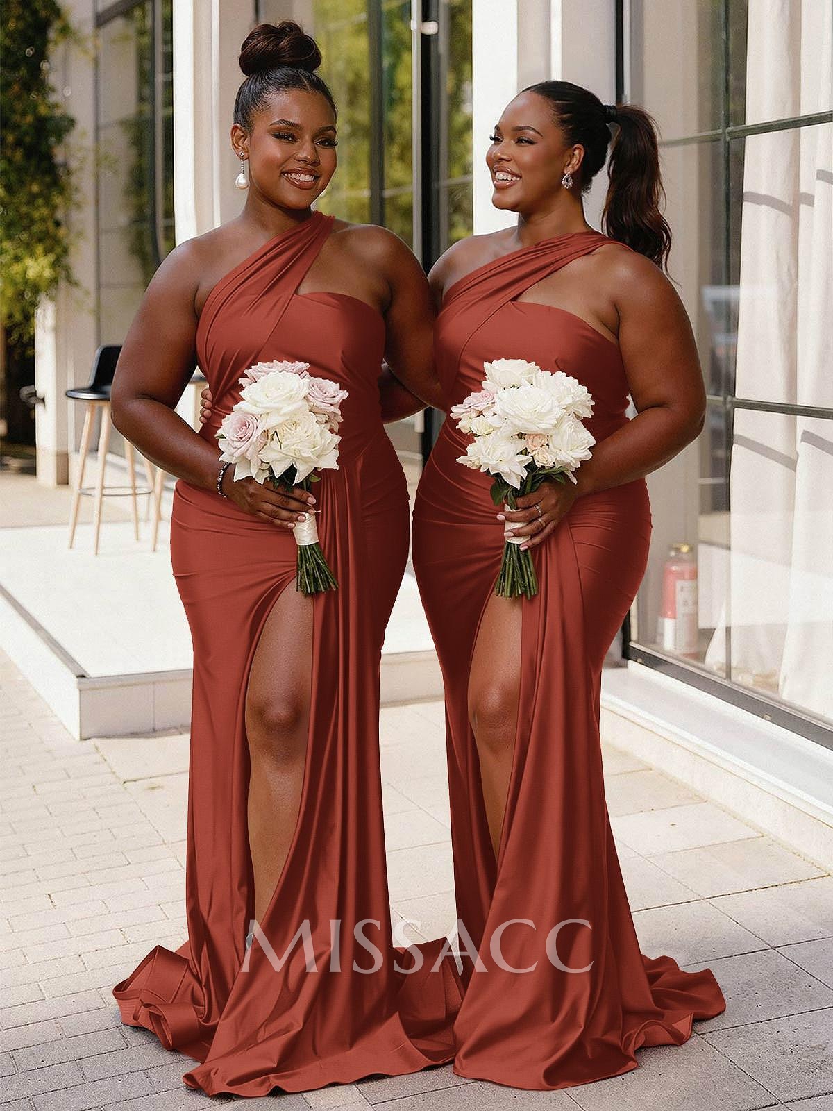 Trumpet/Mermaid One-Shoulder Sweep Train Stretch Satin Knit Bridesmaid Dresses With High Split Trumpet/Mermaid One-Shoulder Sweep Train Stretch Satin Knit Bridesmaid Dresses With High Split