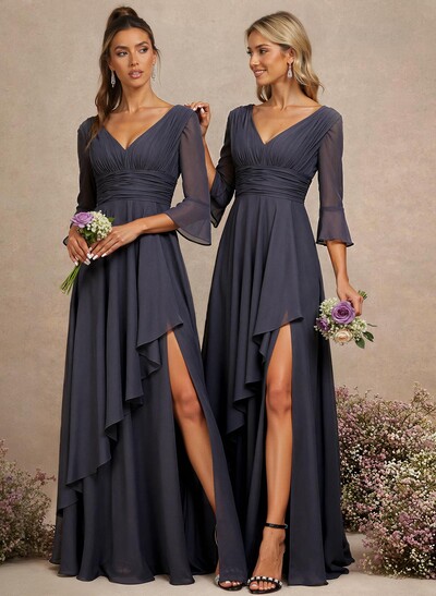 A-Line V-Neck 3/4 Sleeves Floor-Length Chiffon Bridesmaid Dresses With Cascading Ruffles/High Split