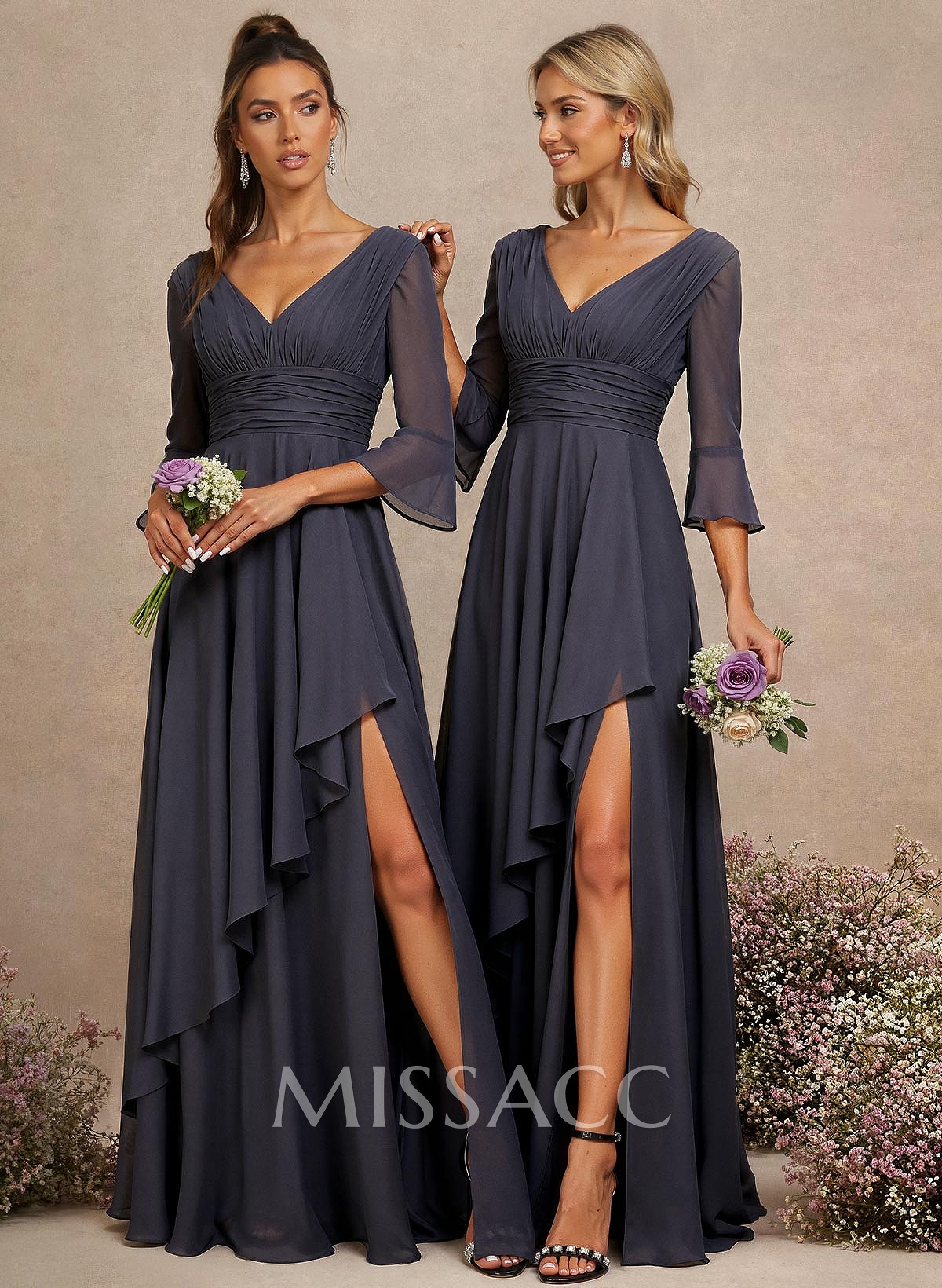 A-Line V-Neck 3/4 Sleeves Floor-Length Chiffon Bridesmaid Dresses With Cascading Ruffles/High Split