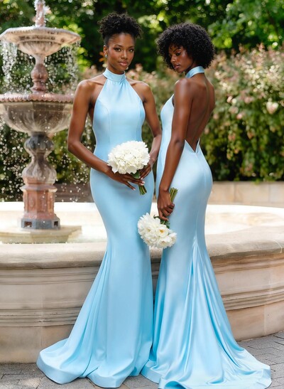 Trumpet/Mermaid Halter Sleeveless Sweep Train Acetate Satin Wedding Dresses