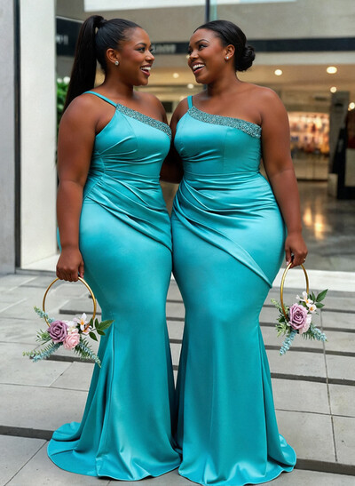 Trumpet/Mermaid One-Shoulder Sleeveless Sweep Train Acetate Satin Bridesmaid Dresses