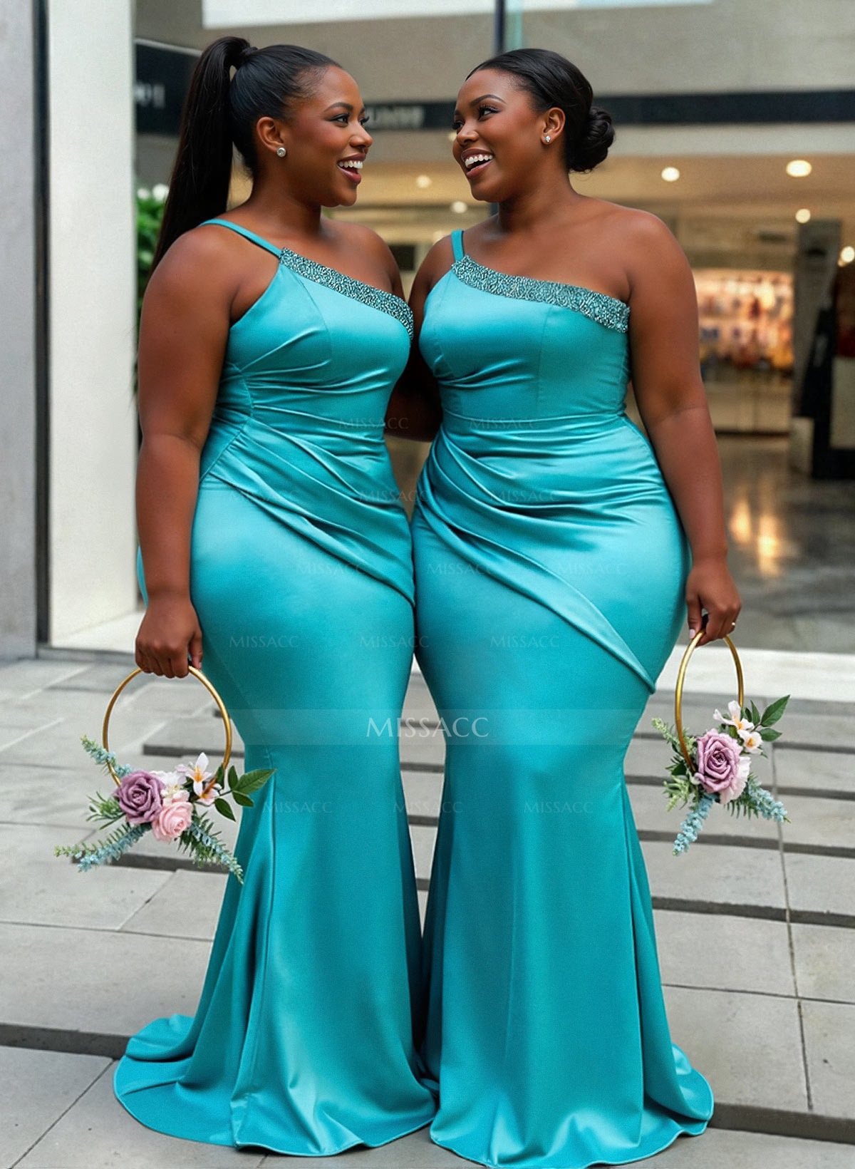 Trumpet/Mermaid One-Shoulder Sleeveless Sweep Train Acetate Satin Bridesmaid Dresses