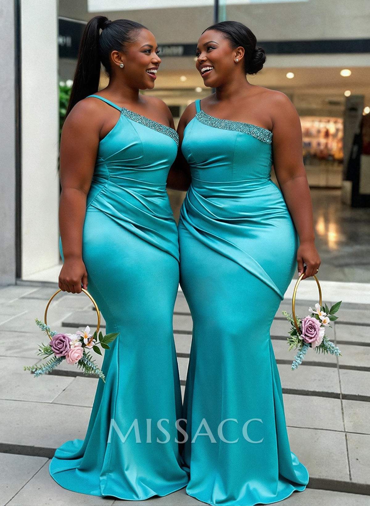 Trumpet/Mermaid One-Shoulder Sleeveless Sweep Train Acetate Satin Bridesmaid Dresses