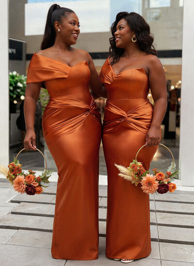 Sheath/Column One-Shoulder Sleeveless Floor-Length Satin Bridesmaid Dresses