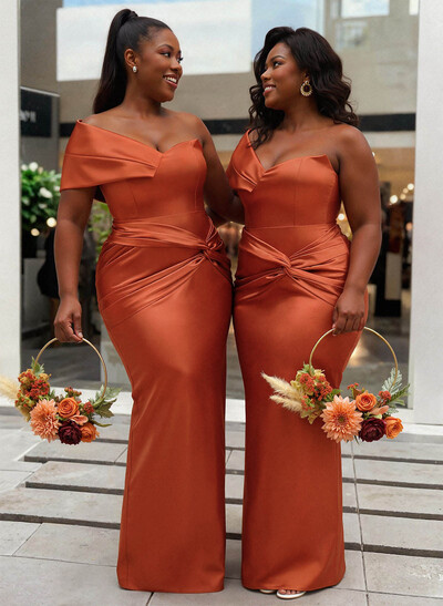 Sheath/Column One-Shoulder Sleeveless Floor-Length Satin Bridesmaid Dresses