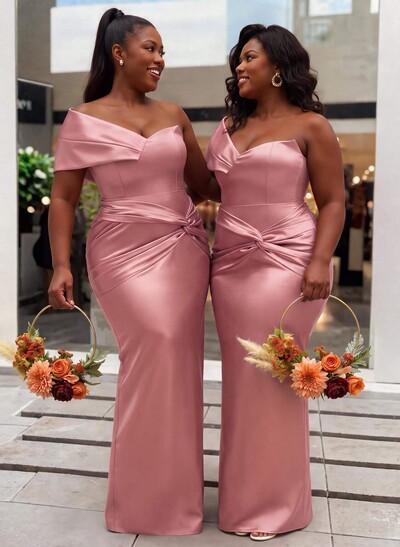 Sheath/Column One-Shoulder Sleeveless Floor-Length Satin Bridesmaid Dresses