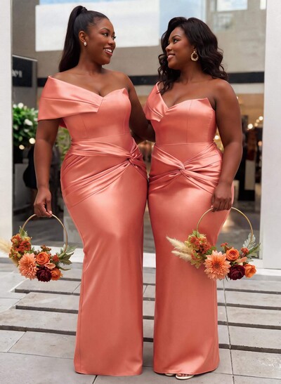 Sheath/Column One-Shoulder Sleeveless Floor-Length Satin Bridesmaid Dresses