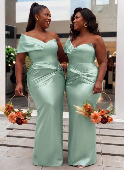 Sheath/Column One-Shoulder Sleeveless Floor-Length Satin Bridesmaid Dresses