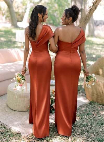 Sheath/Column One-Shoulder Sleeveless Floor-Length Satin Bridesmaid Dresses
