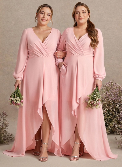 A-Line Plunge Neck Long Sleeves Asymmetrical Chiffon Bridesmaid Dresses With High Split