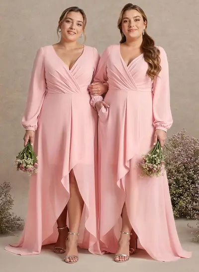 A-Line Plunge Neck Long Sleeves Asymmetrical Chiffon Bridesmaid Dresses With High Split