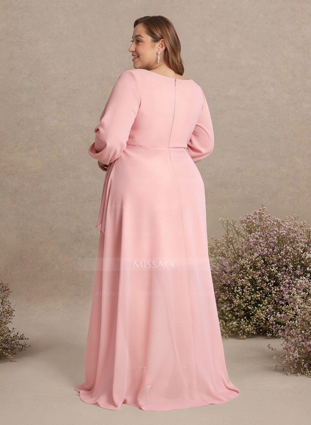 A-Line Plunge Neck Long Sleeves Asymmetrical Chiffon Bridesmaid Dresses With High Split