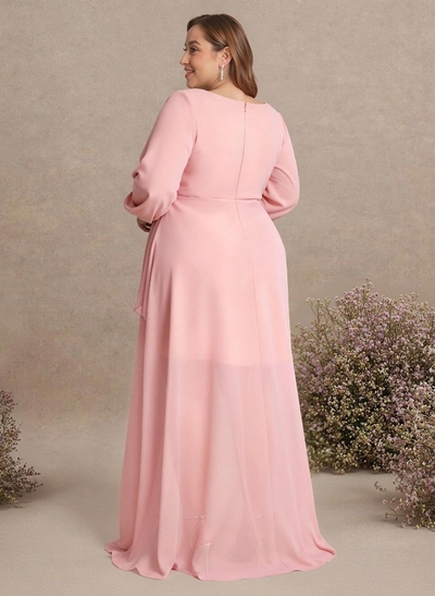 A-Line Plunge Neck Long Sleeves Asymmetrical Chiffon Bridesmaid Dresses With High Split