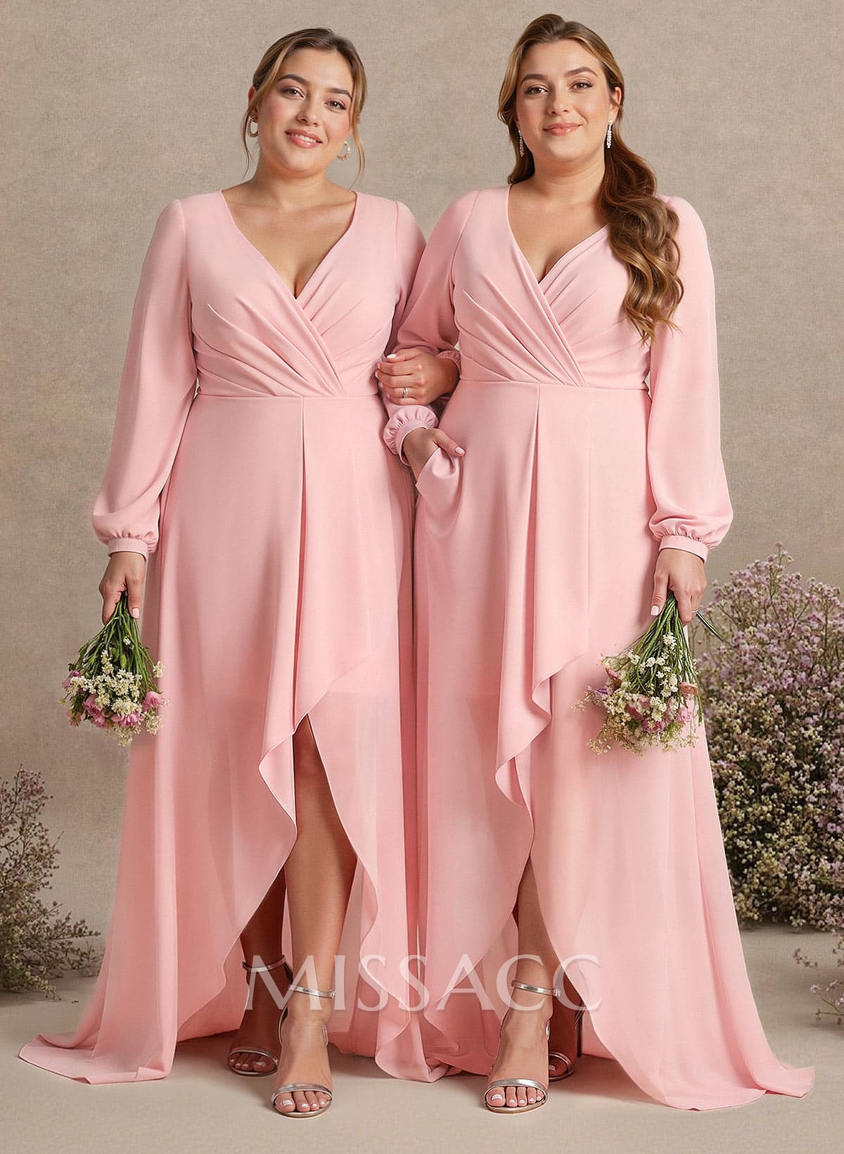 A-Line Plunge Neck Long Sleeves Asymmetrical Chiffon Bridesmaid Dresses With High Split