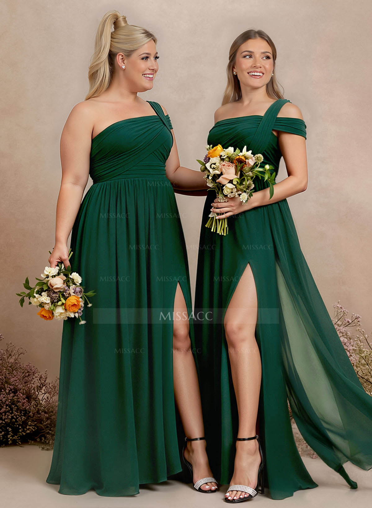 A-Line One-Shoulder Sleeveless Floor-Length Chiffon Bridesmaid Dresses With Split Front Pleated