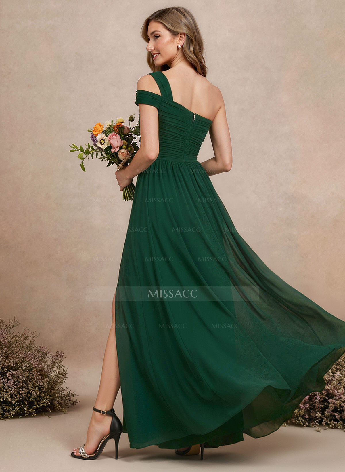 A-Line One-Shoulder Sleeveless Floor-Length Chiffon Bridesmaid Dresses With Split Front Pleated
