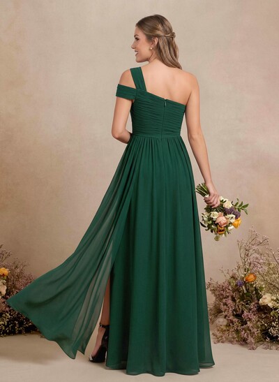 A-Line One-Shoulder Sleeveless Floor-Length Chiffon Bridesmaid Dresses With Split Front Pleated