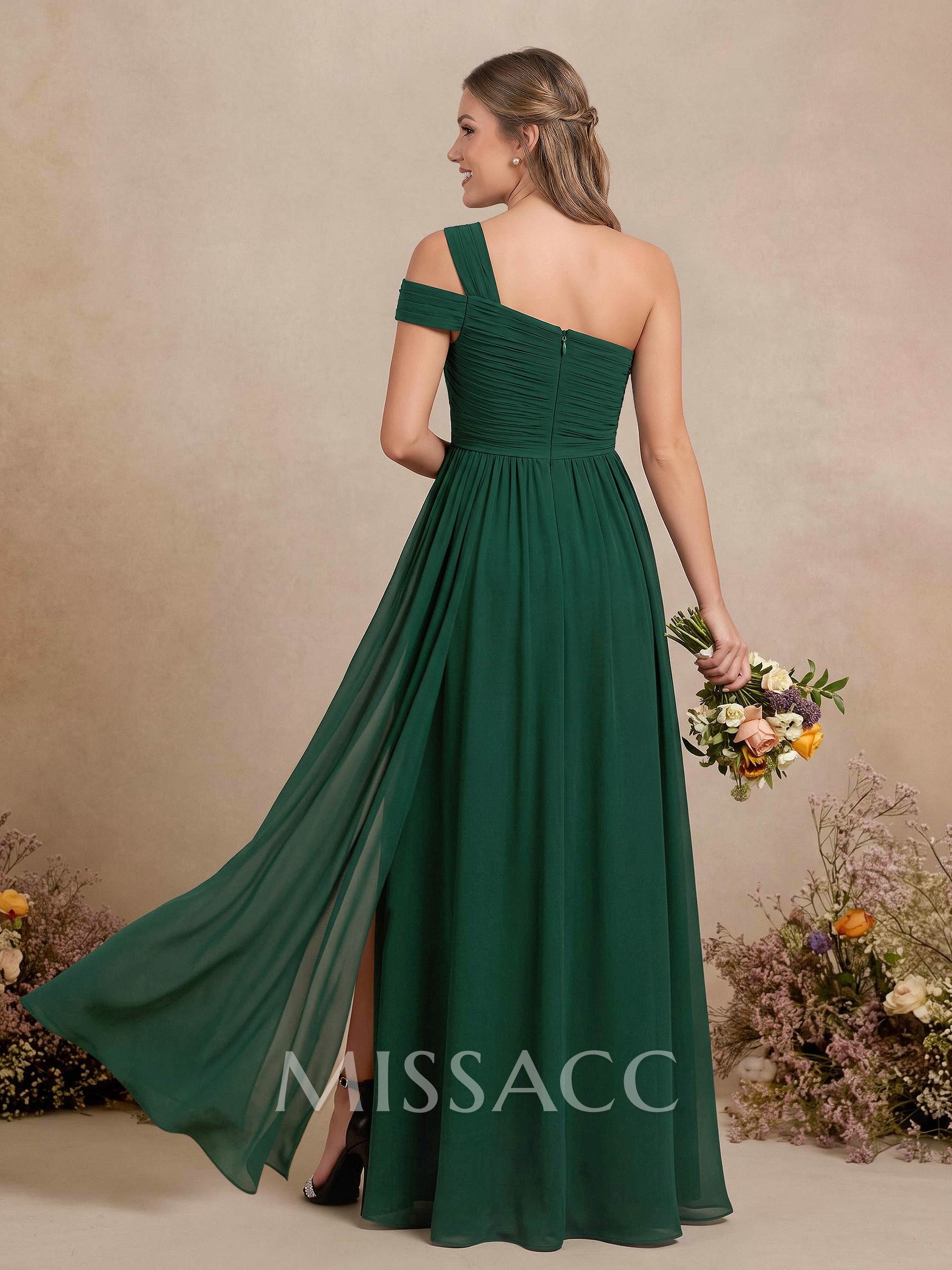 A-Line One-Shoulder Sleeveless Floor-Length Chiffon Bridesmaid Dresses With Split Front Pleated A-Line One-Shoulder Sleeveless Floor-Length Chiffon Bridesmaid Dresses With Split Front Pleated