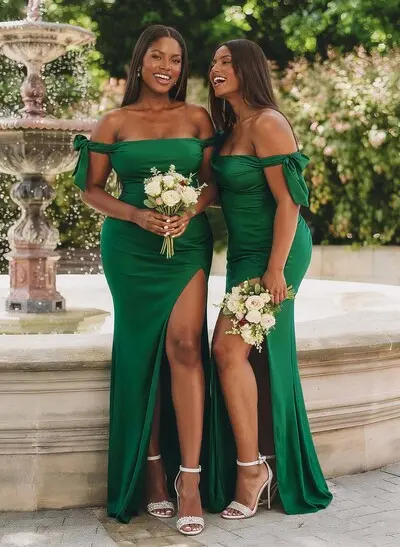 Trumpet Mermaid Off-The-Shoulder Sleeveless Floor-Length Stretch Satin Bridesmaid Dresses With High Split