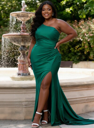 Trumpet Mermaid One-Shoulder Sleeveless Sweep Train Jersey Bridesmaid Dresses With Split Front