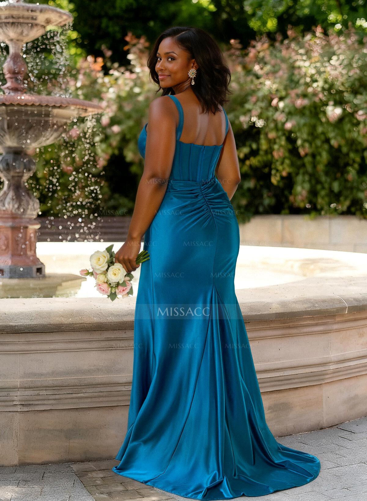 Trumpet Mermaid Square Neckline Sleeveless Sweep Train Stretch Satin Knit Bridesmaid Dresses With High Split