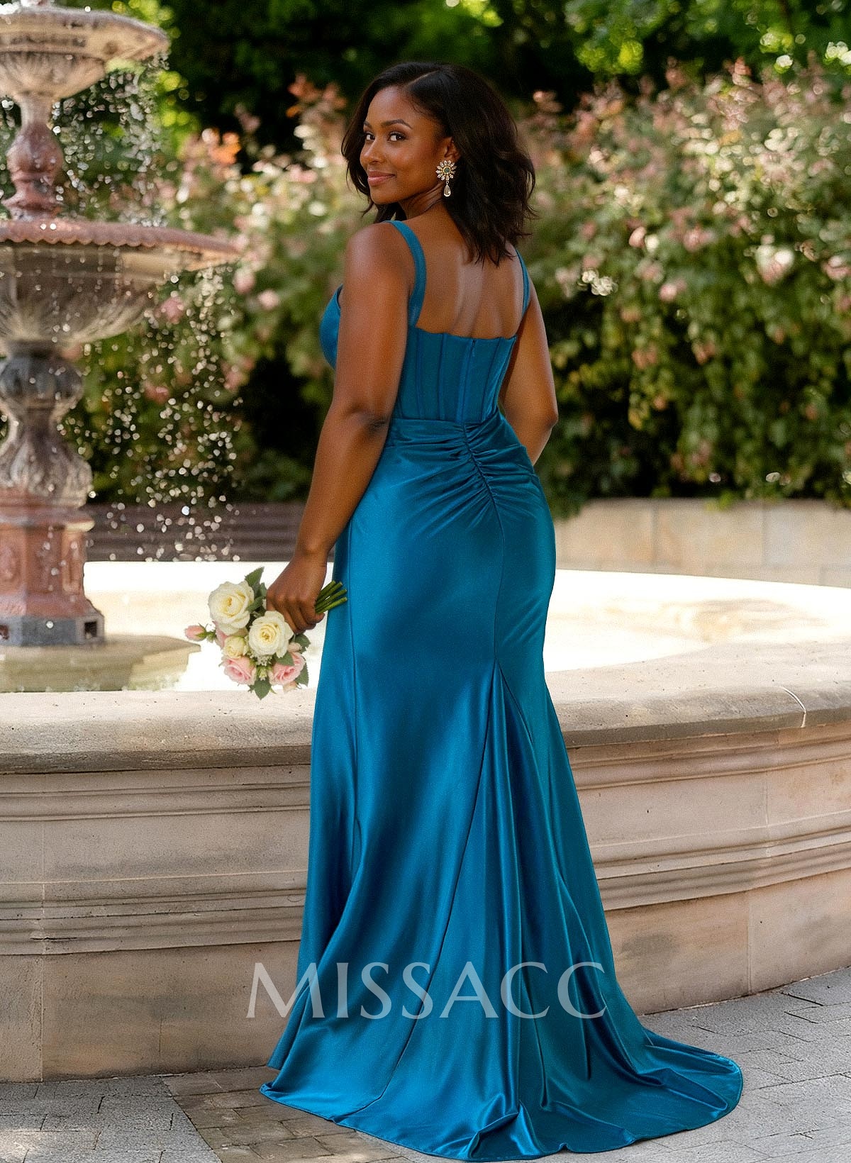 Trumpet Mermaid Square Neckline Sleeveless Sweep Train Stretch Satin Knit Bridesmaid Dresses With High Split