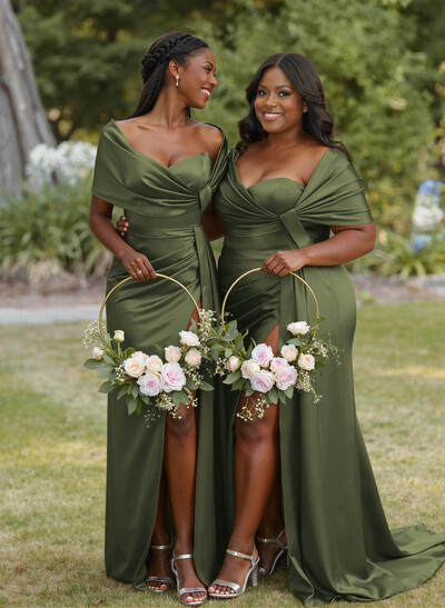 Trumpet Mermaid Sweetheart Cape Sleeves Sweep Train Silk Like Satin Bridesmaid Dresses With Sweeping Side Drape