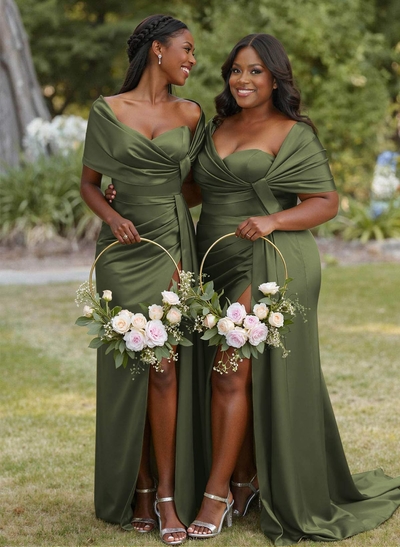 Trumpet Mermaid Sweetheart Cape Sleeves Sweep Train Silk Like Satin Bridesmaid Dresses With Sweeping Side Drape