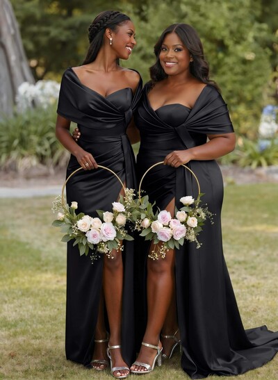 Trumpet Mermaid Sweetheart Cape Sleeves Sweep Train Silk Like Satin Bridesmaid Dresses With Sweeping Side Drape