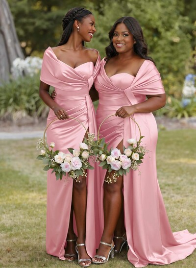 Trumpet Mermaid Sweetheart Cape Sleeves Sweep Train Silk Like Satin Bridesmaid Dresses With Sweeping Side Drape