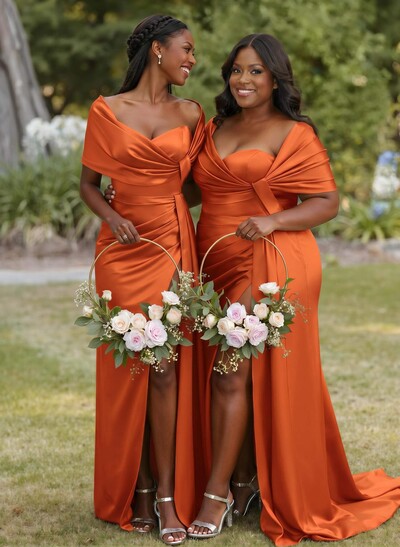 Trumpet Mermaid Sweetheart Cape Sleeves Sweep Train Silk Like Satin Bridesmaid Dresses With Sweeping Side Drape