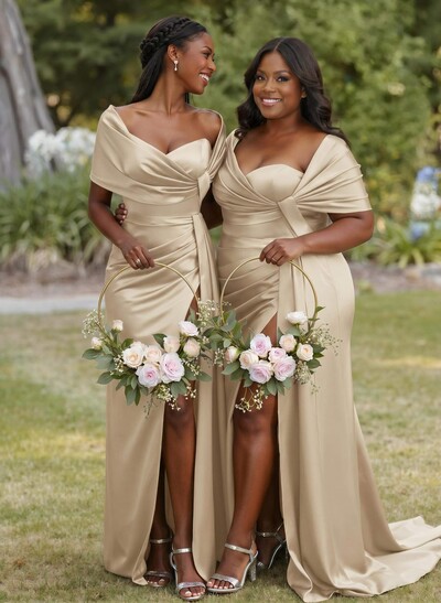 Trumpet Mermaid Sweetheart Cape Sleeves Sweep Train Silk Like Satin Bridesmaid Dresses With Sweeping Side Drape