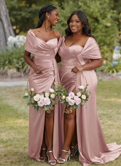 Trumpet Mermaid Sweetheart Cape Sleeves Sweep Train Silk Like Satin Bridesmaid Dresses With Sweeping Side Drape