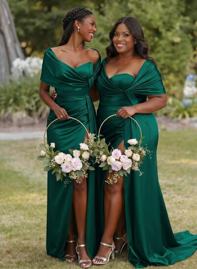 Trumpet Mermaid Sweetheart Cape Sleeves Sweep Train Silk Like Satin Bridesmaid Dresses With Sweeping Side Drape
