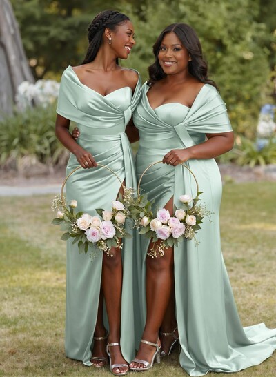 Trumpet Mermaid Sweetheart Cape Sleeves Sweep Train Silk Like Satin Bridesmaid Dresses With Sweeping Side Drape