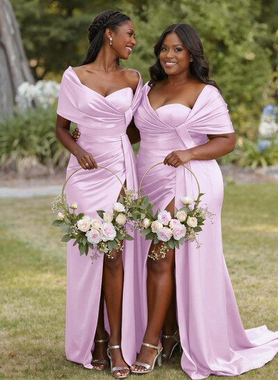 Trumpet Mermaid Sweetheart Cape Sleeves Sweep Train Silk Like Satin Bridesmaid Dresses With Sweeping Side Drape