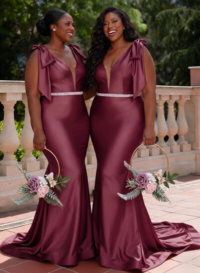 Trumpet/Mermaid Plunge Neck Sleeveless Sweep Train Charmeuse Bridesmaid Dresses