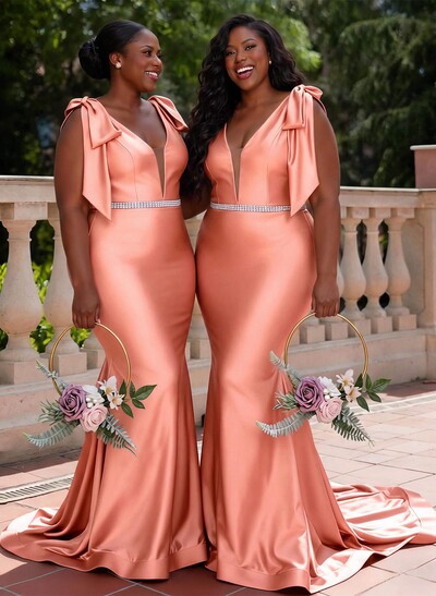 Trumpet/Mermaid Plunge Neck Sleeveless Sweep Train Charmeuse Bridesmaid Dresses