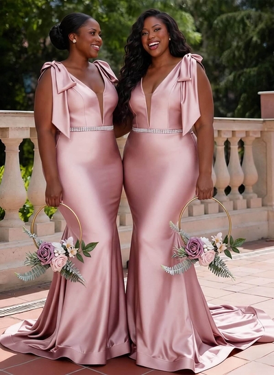 Trumpet/Mermaid Plunge Neck Sleeveless Sweep Train Charmeuse Bridesmaid Dresses