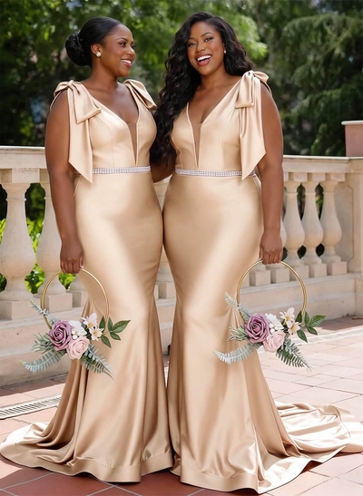 Trumpet/Mermaid Plunge Neck Sleeveless Sweep Train Charmeuse Bridesmaid Dresses