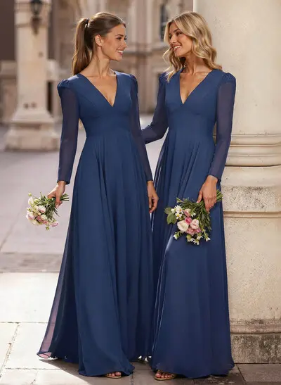 A-Line Plunge Neck Long Sleeves Floor-Length Chiffon Bridesmaid Dresses