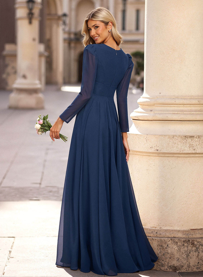 A-Line Plunge Neck Long Sleeves Floor-Length Chiffon Bridesmaid Dresses