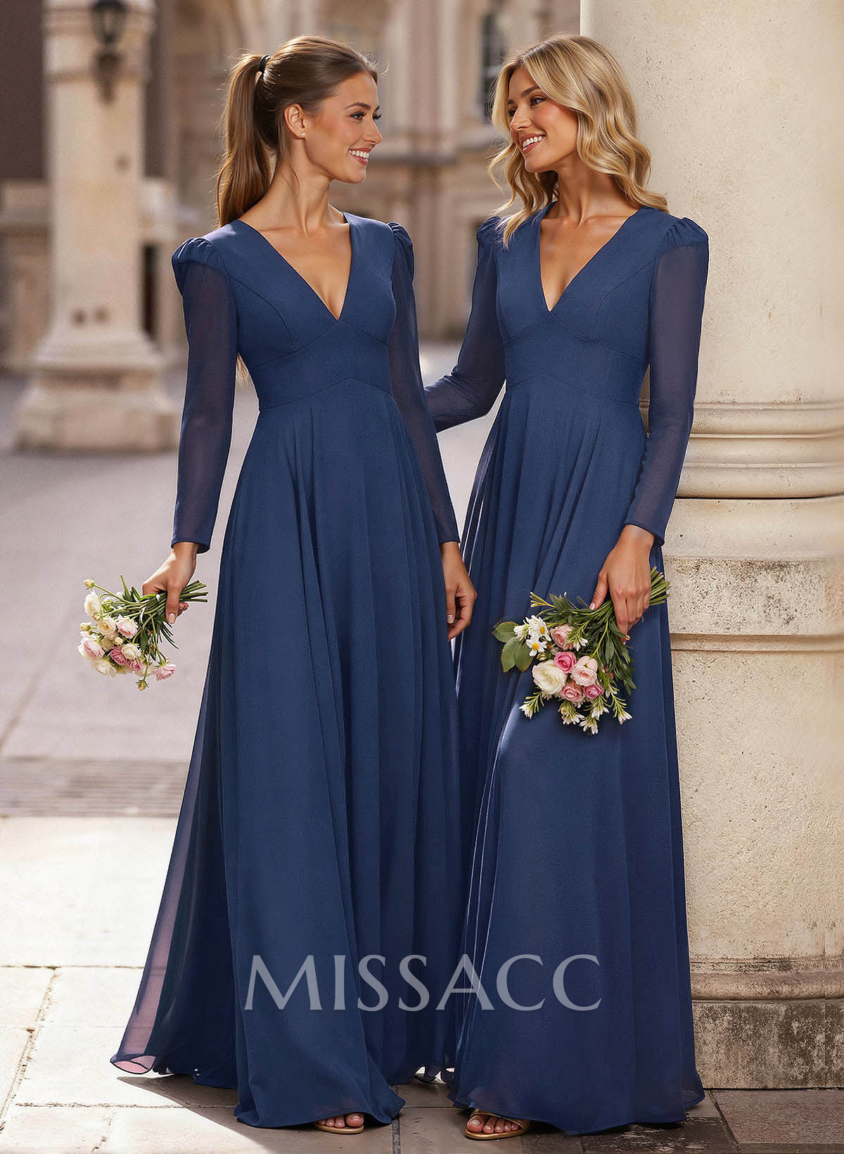 A-Line Plunge Neck Long Sleeves Floor-Length Chiffon Bridesmaid Dresses