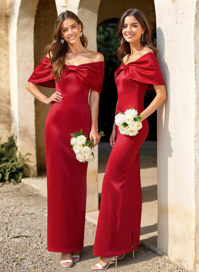 Sheath/Column Off-The-Shoulder Floor-Length Satin Bridesmaid Dresses With Back Slit