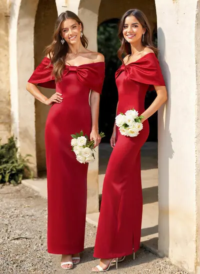 Sheath/Column Off-The-Shoulder Floor-Length Satin Bridesmaid Dresses With Back Slit