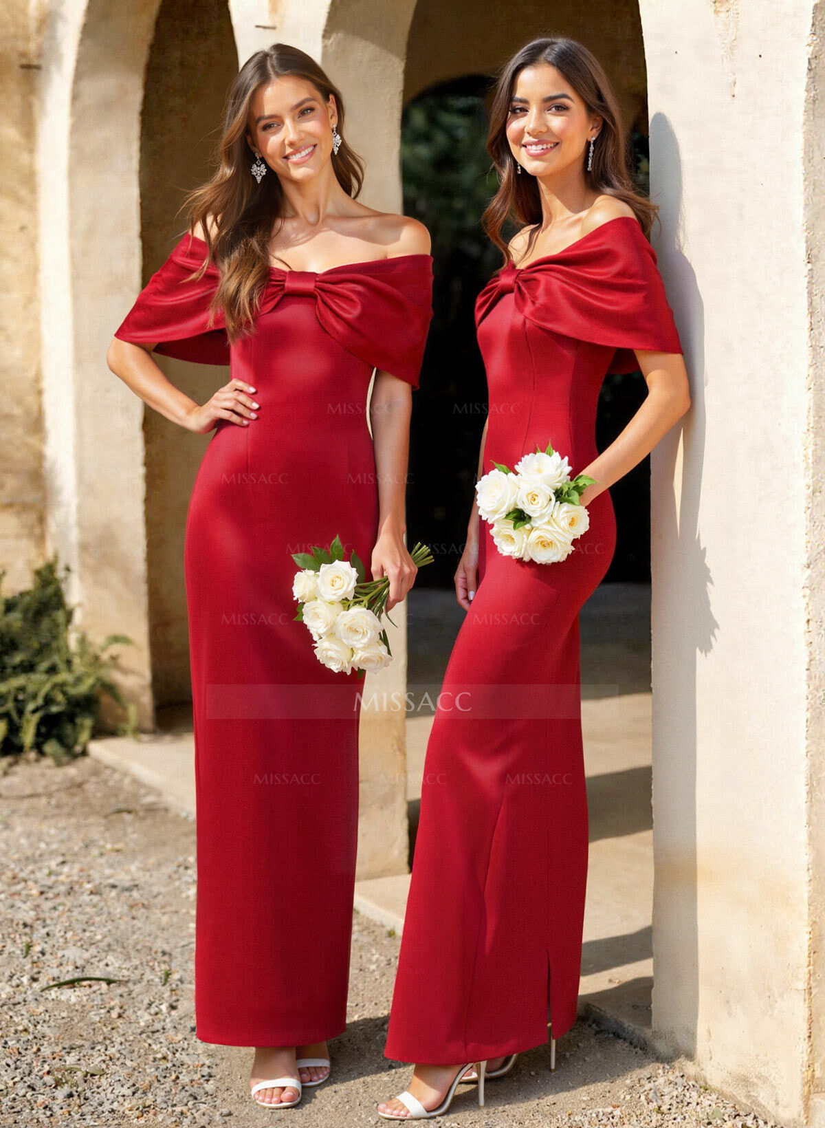 Sheath/Column Off-The-Shoulder Floor-Length Satin Bridesmaid Dresses With Back Slit